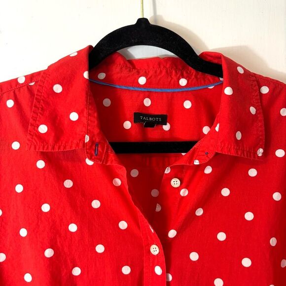 Talbots L red orange & white polka dot cotton button up collared shirt - Picture 2 of 11